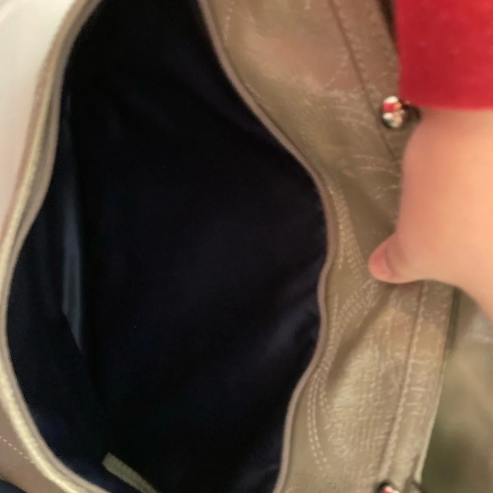 coach baby diaper bag tote pewter grey leather navy blue fabric lined interior